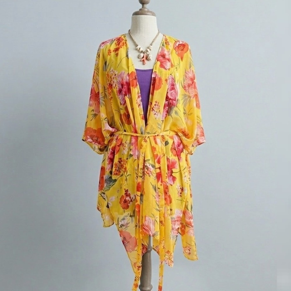 Floral Chiffon Kimono Wrap Cardigan XLarge 1XL Boho Belted Coverup Vacation